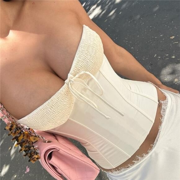 Candyhot Sexy Strapless Lace Up Backless Ruched Slim Solid Color Bodice Y2K - Picture 8 of 8